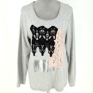 Chicos Zenergy Top 3 Womens XL 16 Gray T-shirt Lace Scoop Neck Pullover Whimsy